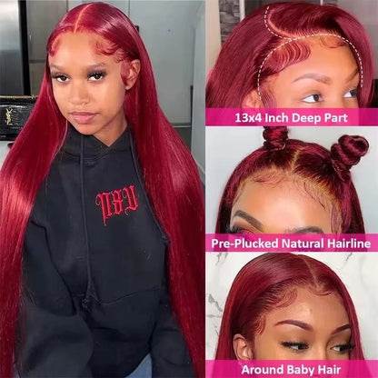 HD Burgundy 99J Straight Lace Frontal Human Hair Wigs 13x4 Transparent Lace Front Wig For Women Brazilian Red Colored Remy Wig