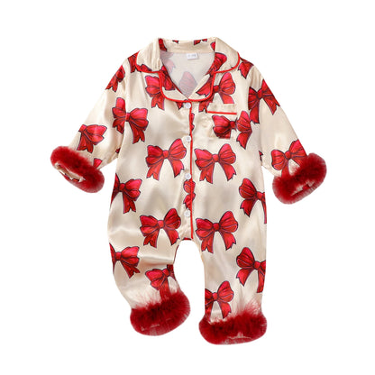 VISgogo Baby Girls Pajamas Long Sleeve Bow Print Furry Patchwork Button Closure Jumpsuit Sleepwear Loungewear