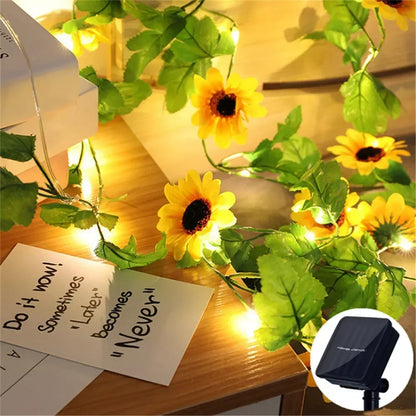 Solar 2M/5M/10M Flower Green Leaf String Light Artificial Vine Fairy Light Tree Eave Garland Light for Party Wedding Home Decor