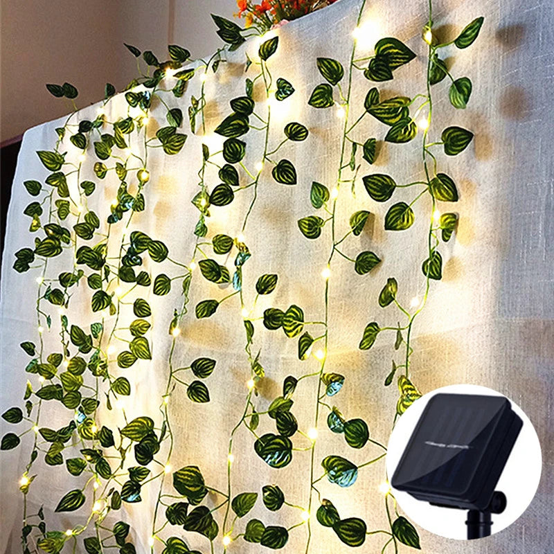 Solar 2M/5M/10M Flower Green Leaf String Light Artificial Vine Fairy Light Tree Eave Garland Light for Party Wedding Home Decor