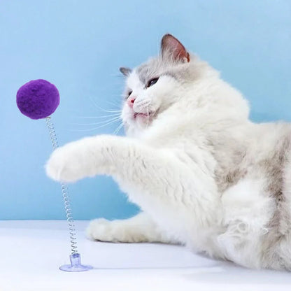 1pc Feather Spring Cat Interactive Toy Suction Cup Cat Fur Ball Teaser Wand Toys Cat Scratcher Toys Pet Supplies Random Color