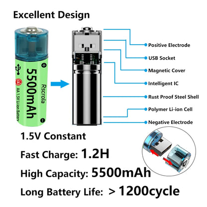 Universal AA Rechargeable Battery Durable 5500mAh Li-ion Battery AA USB Direct Charging for Toys Clocks Game Controllers Cameras