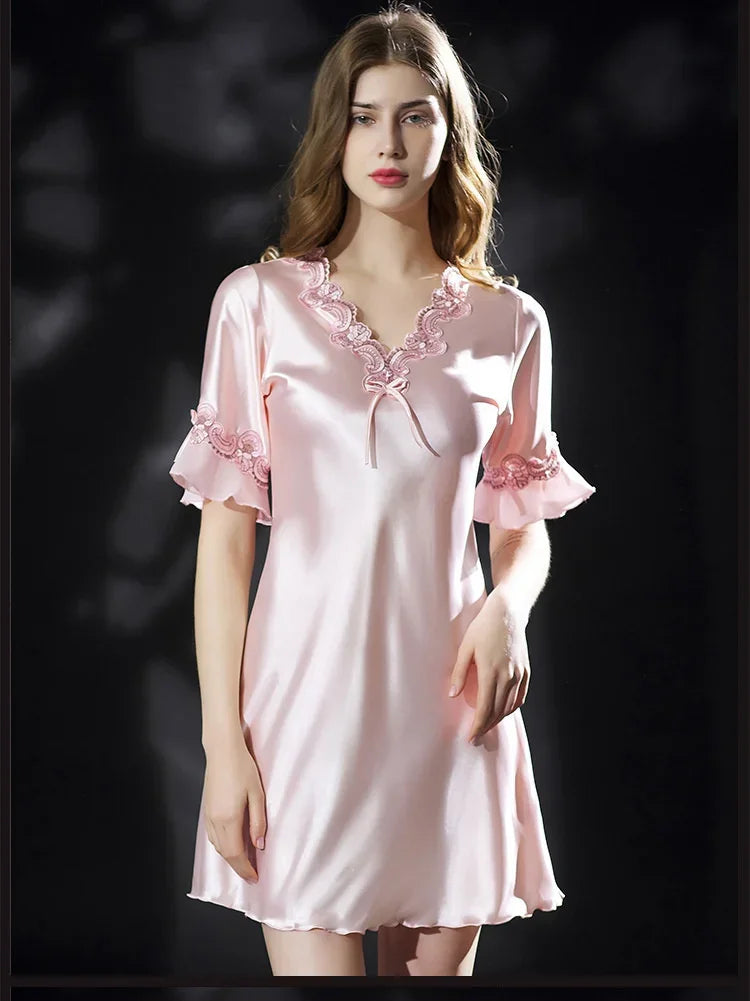 New Summer Women Sleepwear Ice Silk Nightdress Robe Sexy Lingerie Nightgown Lady Homewear Female Night Home