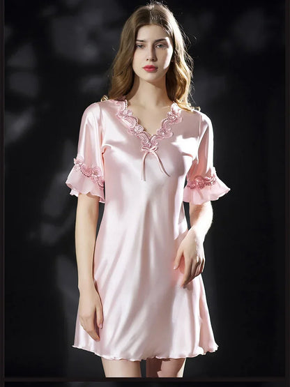 New Summer Women Sleepwear Ice Silk Nightdress Robe Sexy Lingerie Nightgown Lady Homewear Female Night Home