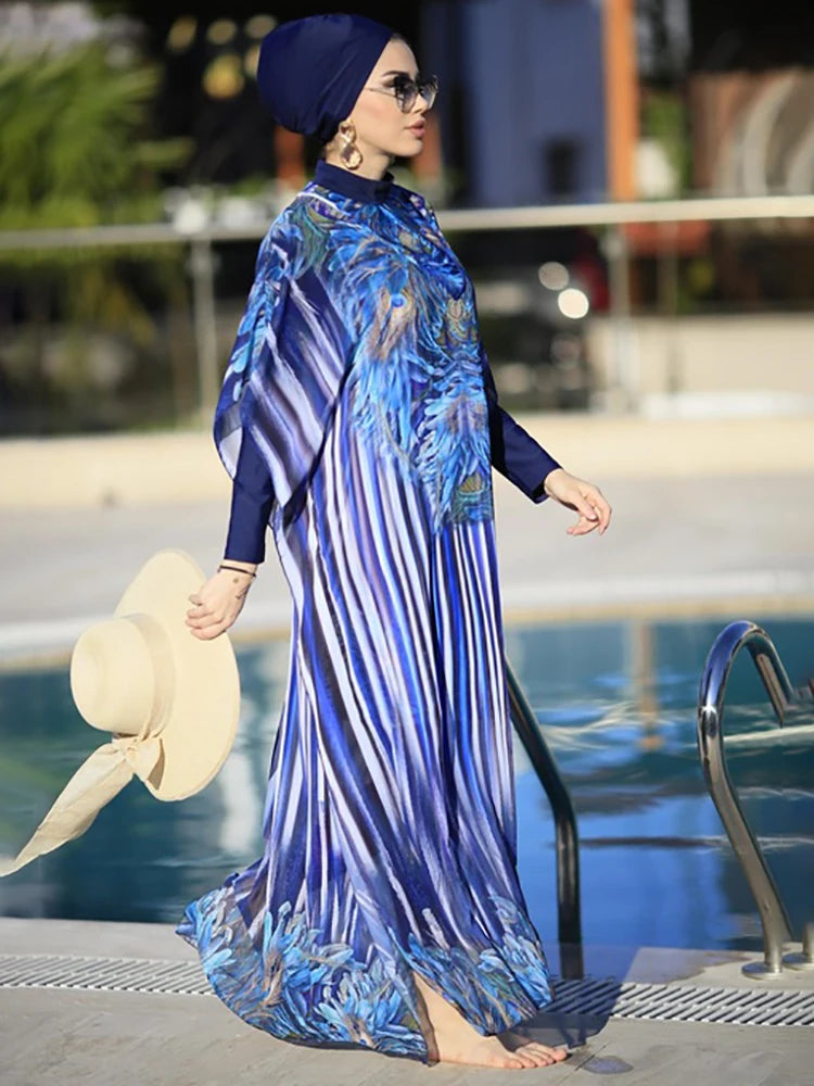 4 Pcs Women's Muslim Swimwear Digital Printed Lslamic Clothes Hijab Long Sleeves Sport Swimsuit Burkinis Wear Bathing Suit 4XL