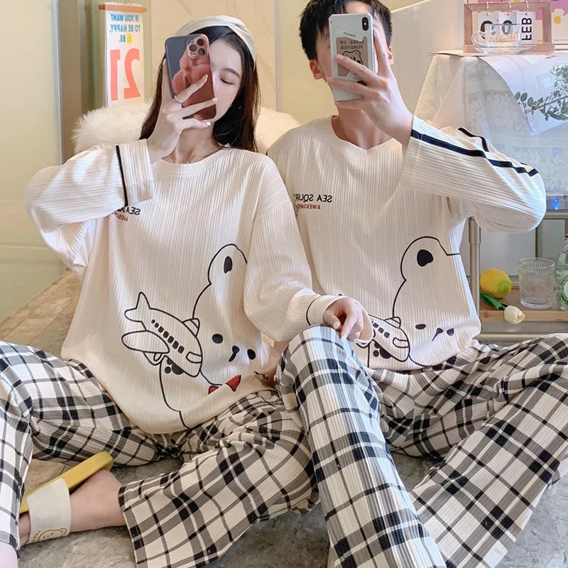 Autumn Couple Pajamas Sets Cartoon Men Sleepwear Leisure Cotton Plus Size Long Sleeve Women Homewear pijama Homme Mujer Dropship