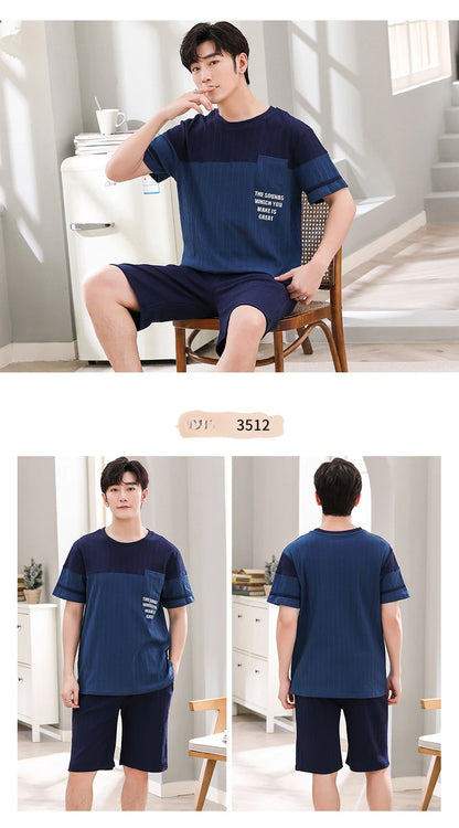Cotton Pajamas Men Autumn and Winter Short Sleeve Shorts Loose Teen Cartoon Casual Loungewear Set Large Size Short Sleepwear