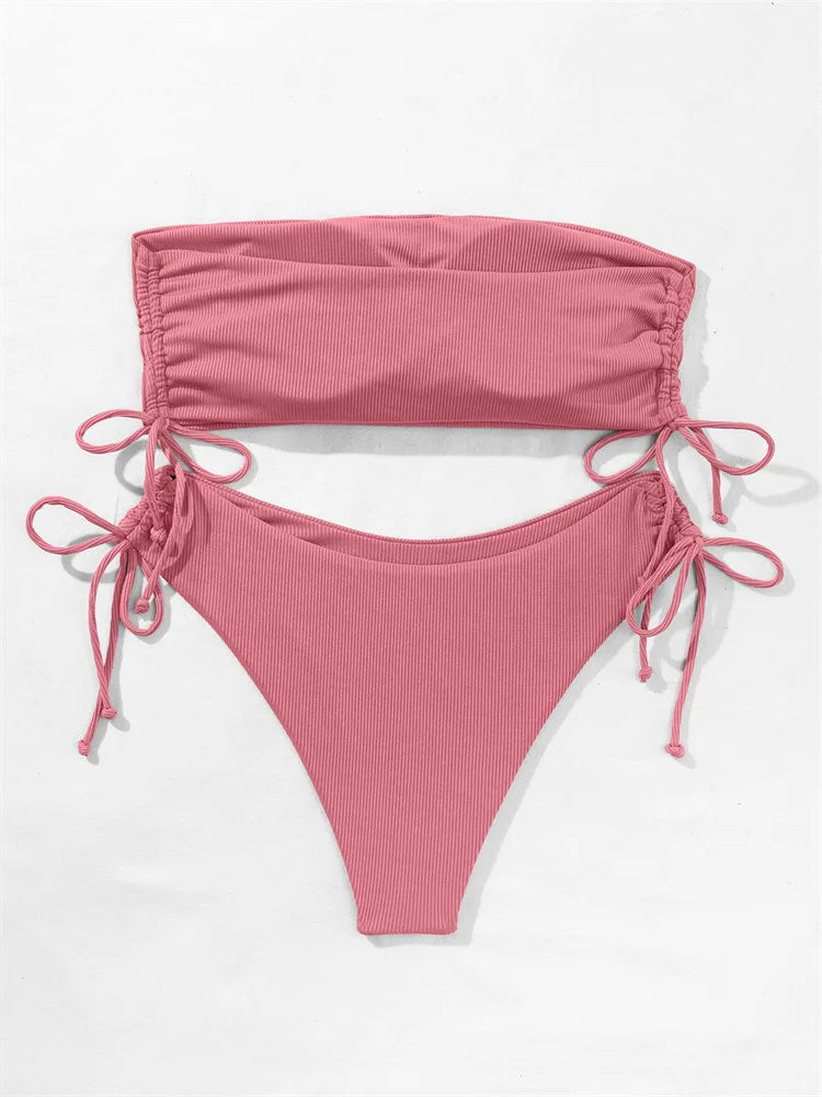 2025 Sexy Low Waist Swimwear New Solid Bandeau Bikini Set Women Push Up Drawstring Beachwear Swimsuit Backless bathing suit