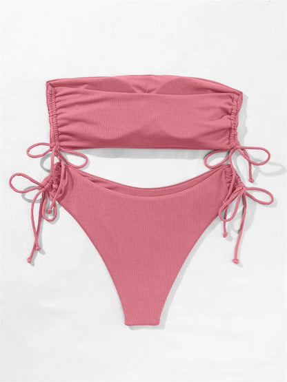 2025 Sexy Low Waist Swimwear New Solid Bandeau Bikini Set Women Push Up Drawstring Beachwear Swimsuit Backless bathing suit