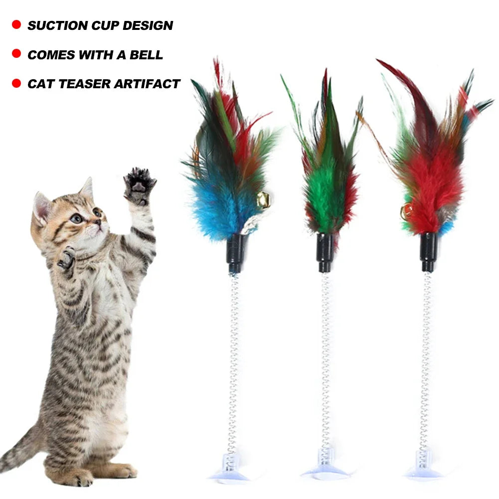 1pc Feather Spring Cat Interactive Toy Suction Cup Cat Fur Ball Teaser Wand Toys Cat Scratcher Toys Pet Supplies Random Color