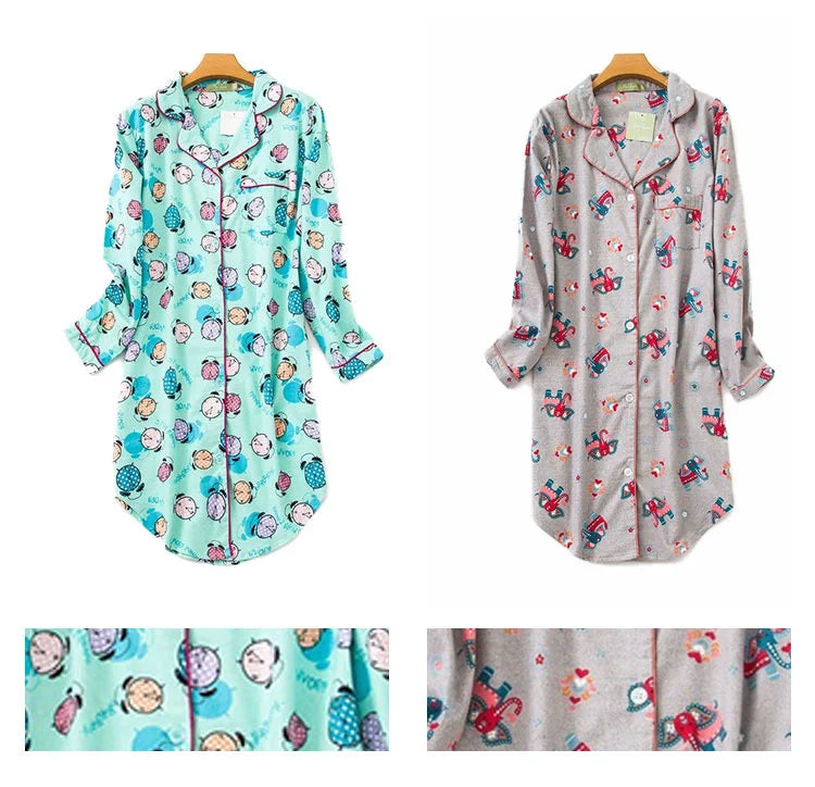 Nightgown 100% Brushed Cotton Nightshirts Women's Sleepwear Long Sleeve Plaid Winter Oversize Sleep Dress Women Home Clothes