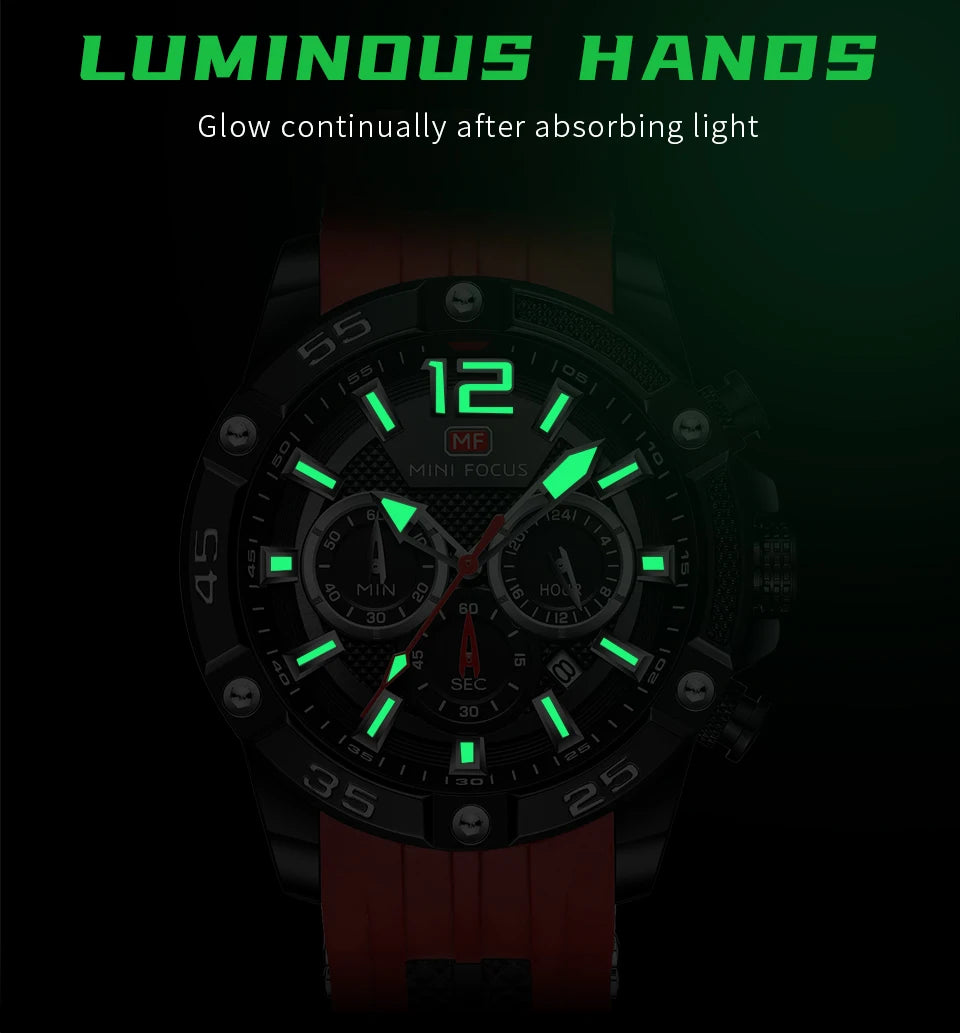 MINI FOCUS Multifunctional Sports Quartz Watch Mens Watches Waterproof Chronograph Wrist Watch with Date Luminous Hands 0349G