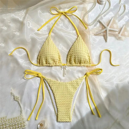 Yellow Halter String Triangle Micro Bikini Thong Solid Swimwears Bow Pearl Sexy Swimsuit Women Bathing Suit Bikinis Sets 2026