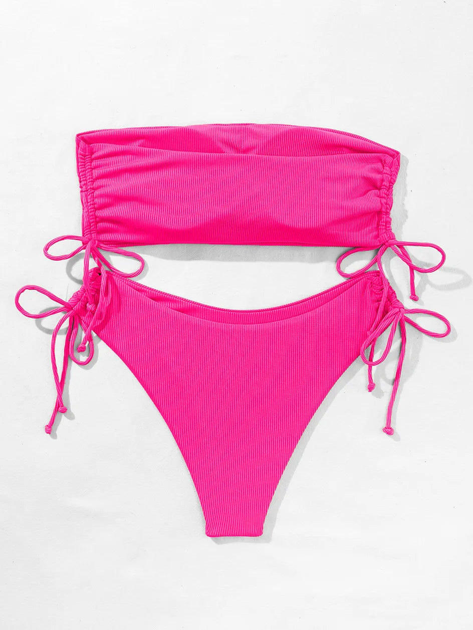 2025 Sexy Low Waist Swimwear New Solid Bandeau Bikini Set Women Push Up Drawstring Beachwear Swimsuit Backless bathing suit