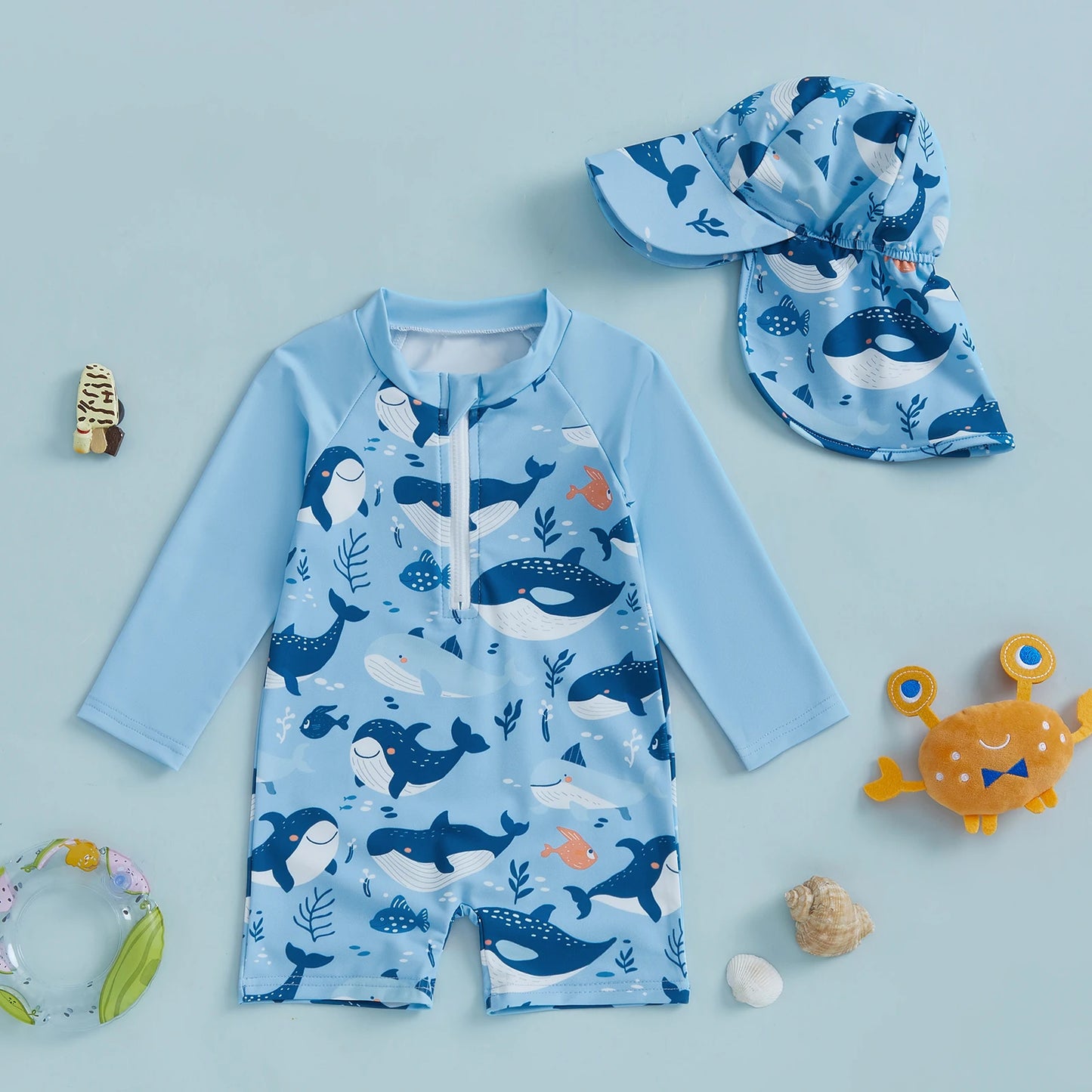 Cartoon Whale Print Children Boy Rash Guard Swimsuit with Hat Summer New Zip Up Long Sleeve Crew Neck Kids Swimwears Beachwear