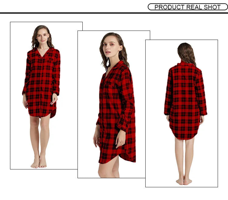 Nightgown 100% Brushed Cotton Nightshirts Women's Sleepwear Long Sleeve Plaid Winter Oversize Sleep Dress Women Home Clothes