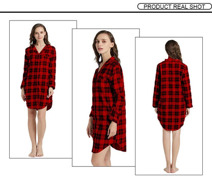 Nightgown 100% Brushed Cotton Nightshirts Women's Sleepwear Long Sleeve Plaid Winter Oversize Sleep Dress Women Home Clothes