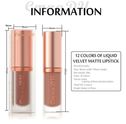 CmaaDu 12Color Long-Lasting Lip Sense Color Makeup Waterproof  Lipsticks Matte Velvet Lip Gloss