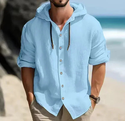 Summer Men's Linen Shirt Solid Streetwear Long Sleeve Hoodie Cardigan Clothing For Men Button Tops Casual Loose Men Hooded Shirt