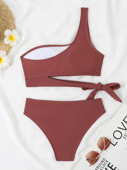 One Shoulder Bikini Set Sexy 2025 Swimsuit Women Solid Padded Swimwear Female Bathers Bathing Swimming Swim Suit Beachwear
