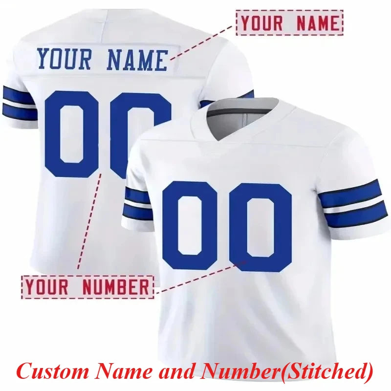 Customized Name And Number Men's Embroidered American Football Jersey Dallas White V-Neck Personalized Short Sleeved Shirt