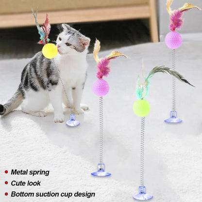 1pc Feather Spring Cat Interactive Toy Suction Cup Cat Fur Ball Teaser Wand Toys Cat Scratcher Toys Pet Supplies Random Color