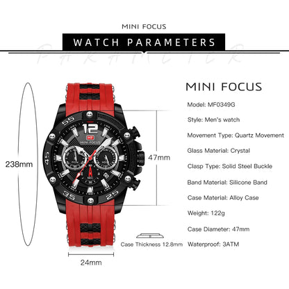 MINI FOCUS Multifunctional Sports Quartz Watch Mens Watches Waterproof Chronograph Wrist Watch with Date Luminous Hands 0349G