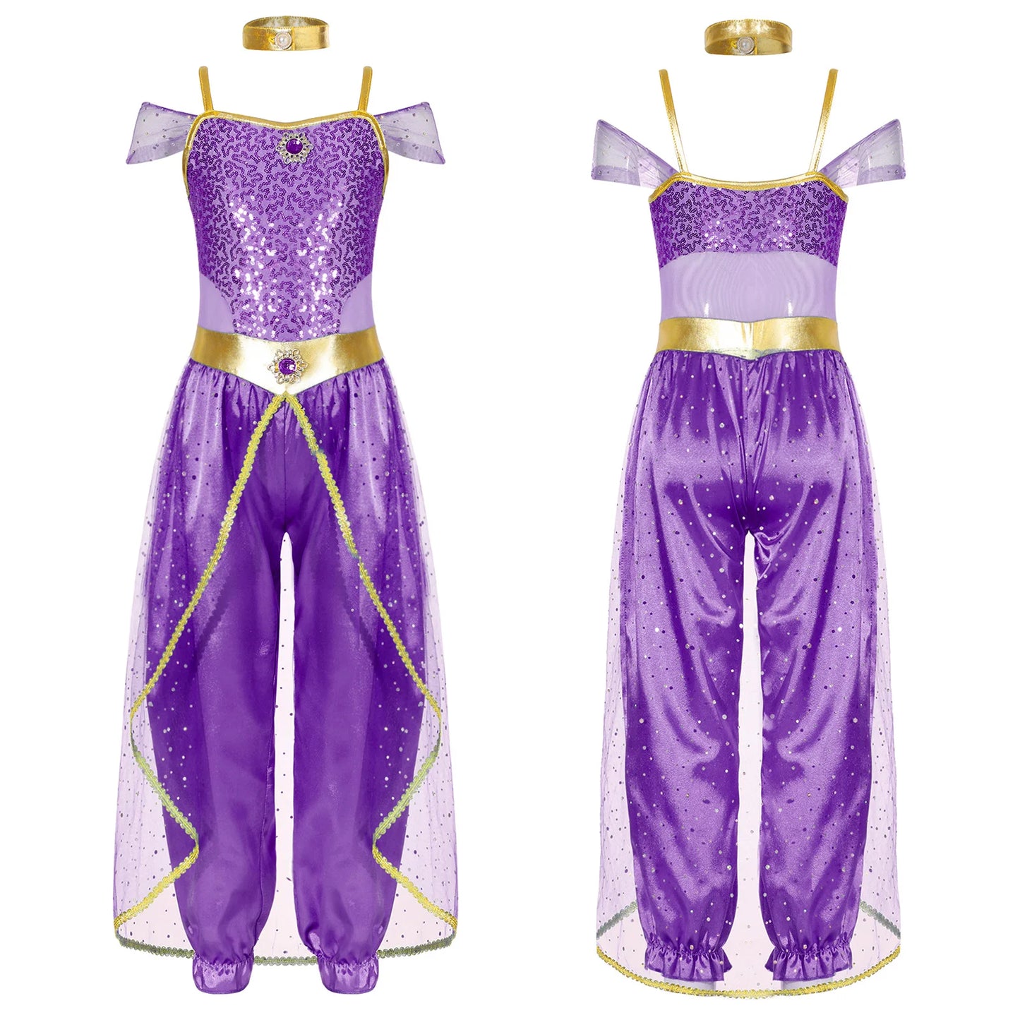 Shiny Sequin Gem Girls Halloween Jasmines Costume Kids Arabian Princess Cosplay Fancy Jumpsuit with Choker for Dance Performance