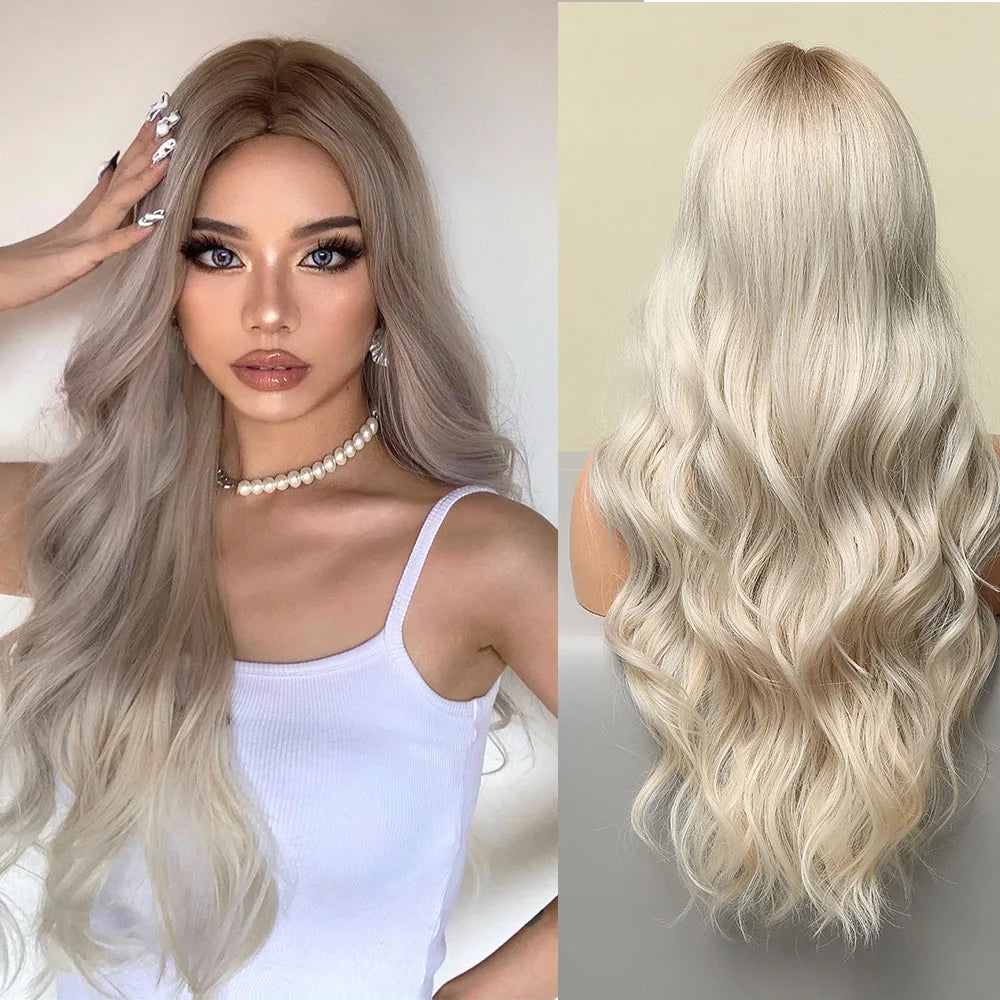 HENRY MARGU Long Brown Wavy Synthetic Wigs Middle Part Natural  Curly Wig for Black Women Cosplay Daily Heat Resistant Fake Hair