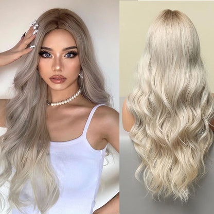 HENRY MARGU Long Brown Wavy Synthetic Wigs Middle Part Natural  Curly Wig for Black Women Cosplay Daily Heat Resistant Fake Hair