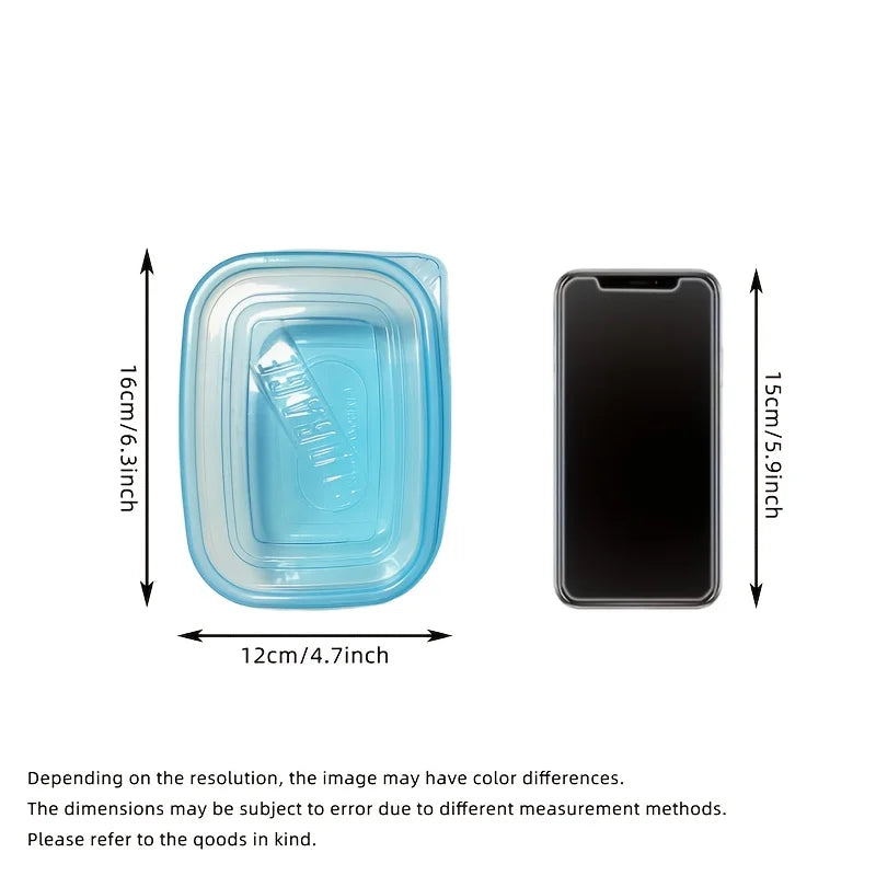 A set of 6 transparent stackable plastic food storage containers with blue lids and measurement markings—reusable, dishwasher an