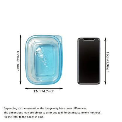 A set of 6 transparent stackable plastic food storage containers with blue lids and measurement markings—reusable, dishwasher an