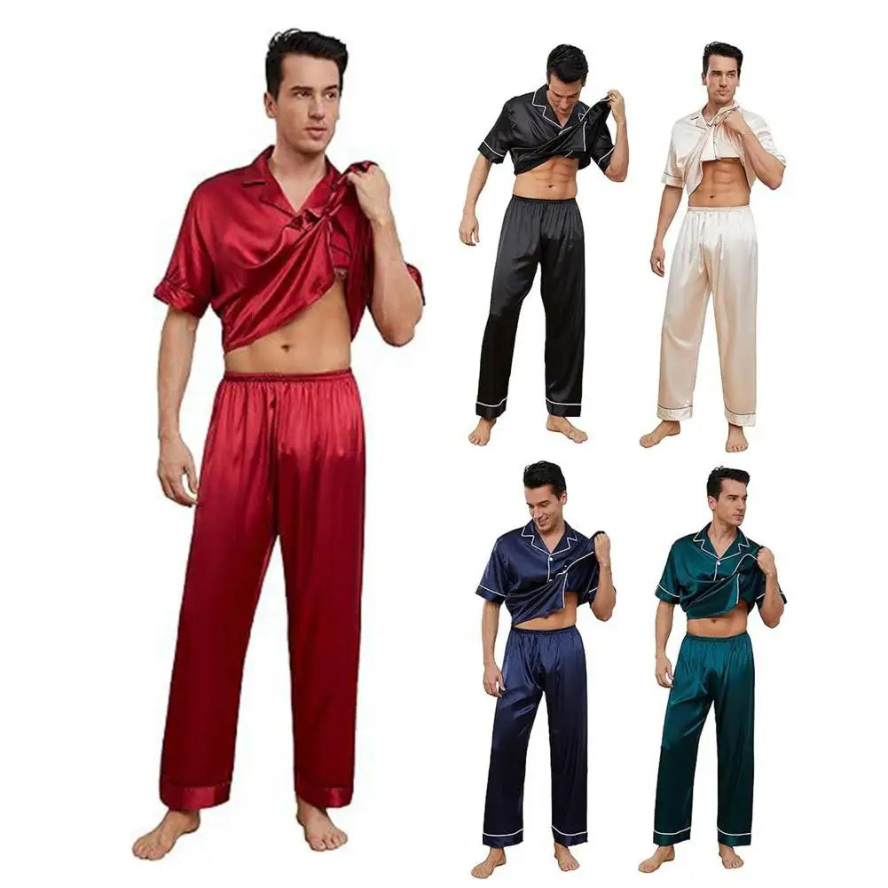 2Pcs/Set Silk Satin Men Pajama Set Notch Collar Button Down Pajama Top with Chest Pocket Elastic Waist Bottoms Set Sleepwear
