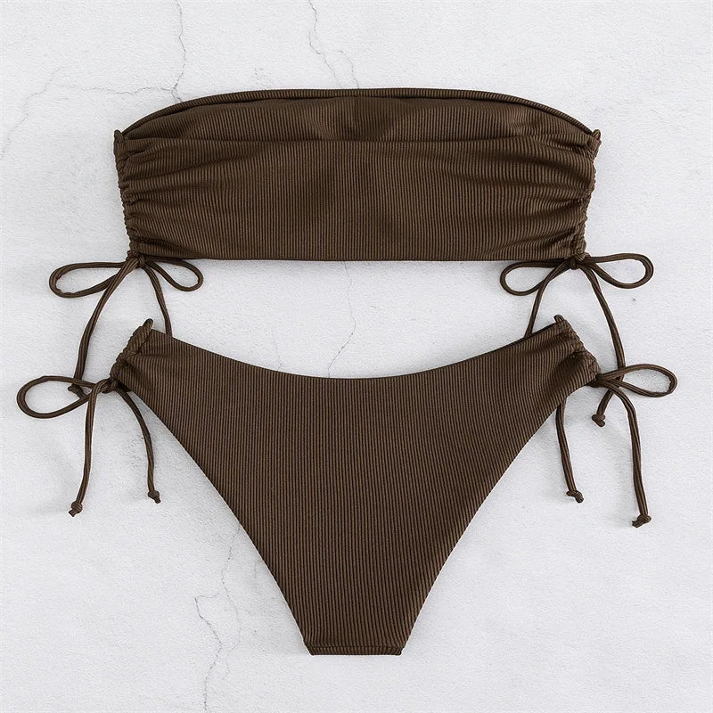 2025 Sexy Low Waist Swimwear New Solid Bandeau Bikini Set Women Push Up Drawstring Beachwear Swimsuit Backless bathing suit