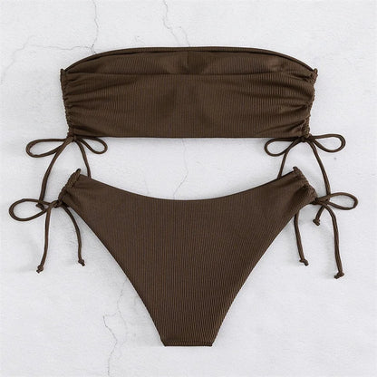 2025 Sexy Low Waist Swimwear New Solid Bandeau Bikini Set Women Push Up Drawstring Beachwear Swimsuit Backless bathing suit