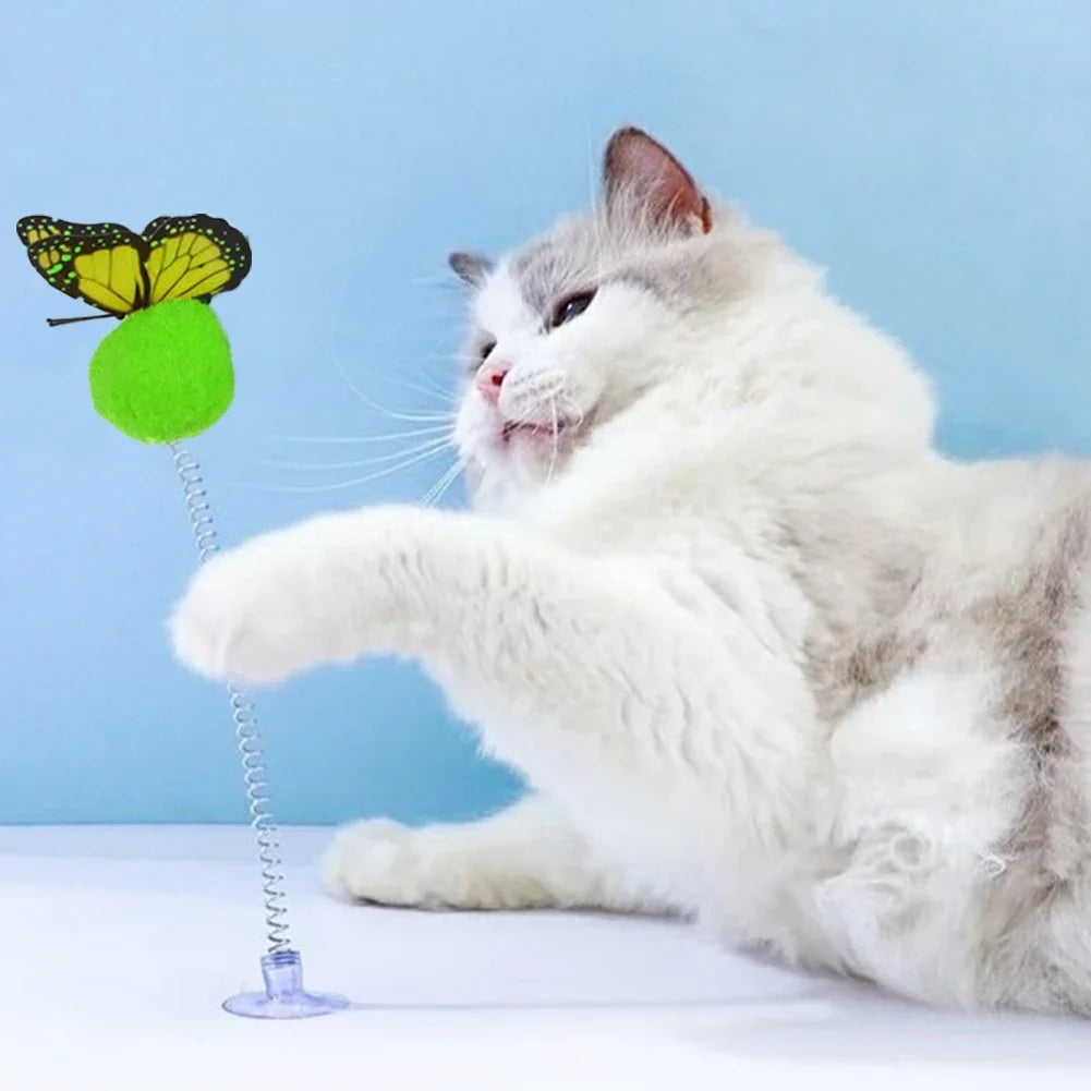 1pc Feather Spring Cat Interactive Toy Suction Cup Cat Fur Ball Teaser Wand Toys Cat Scratcher Toys Pet Supplies Random Color