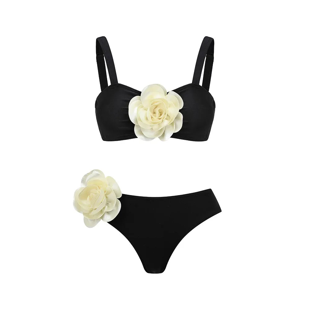2026 New Sexy White 3D Flower Solid Two Piece Push Up Bikini Set Luxury Swimwear Women Swimsuit Beachwear Summer Bathing Suit