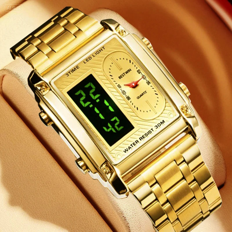 Gold Men Watches Stainless Steel Band Dual Display Men Sports Digital Watches For Male Clock Chronograph Date Waterproof Luxury
