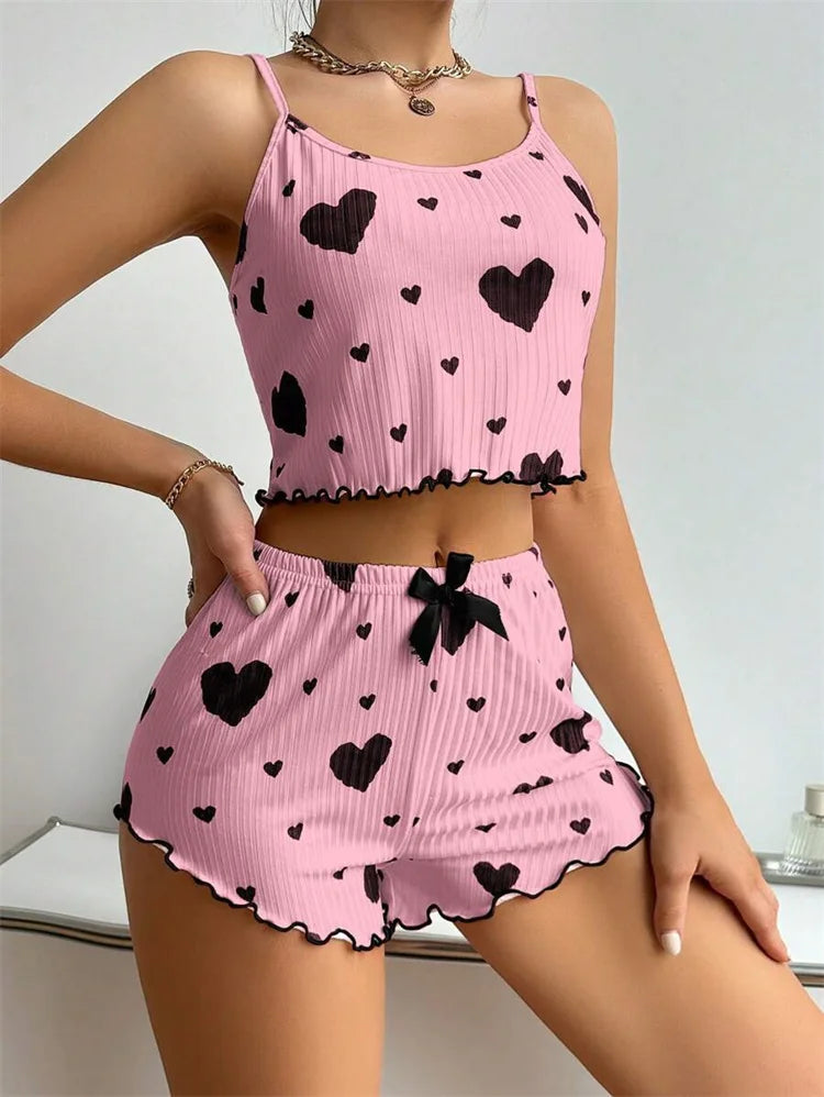 Sexy Girl Pajama Sets Love Heart Print Cami Top+Shorts Leisure Stripe Pyjamas Women Home Clothes Summer Sleeveless Sleepwear