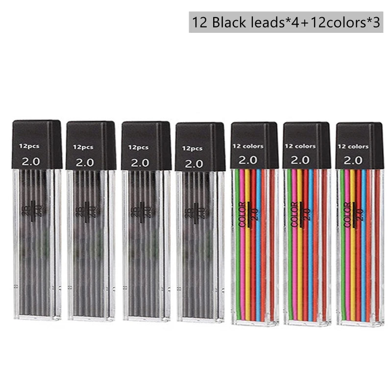 2.0mm Mechanical Pencil Black / Color Lead Refill 2B Sketching Pencil Art Sketch Painting Writing For School & Office Stationery