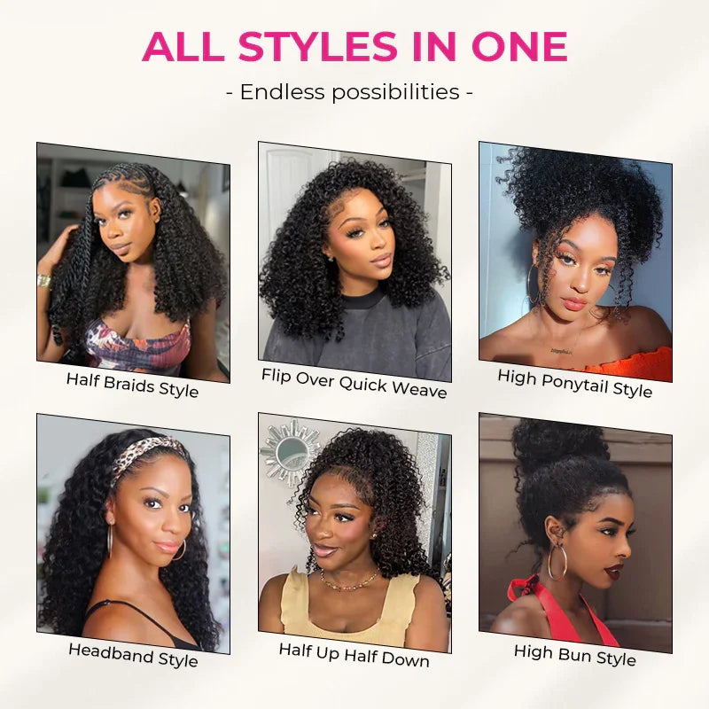 Kinky Curly Flip Over Wig Half Wigs Human Hair 3 in 1 Glueless Wig With Drawstring Seamless Wear Go Glueless Wig