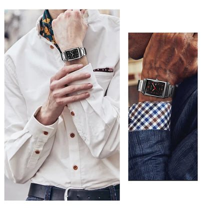 Fashion Mens Business Watches for Men Rectangle Stainless Steel Quartz Wrist Watch Man Casual Leather Watch relogio masculino