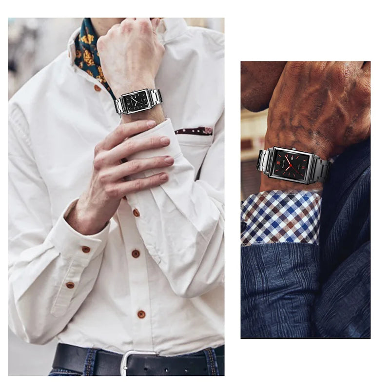 Fashion Mens Business Watches for Men Rectangle Stainless Steel Quartz Wrist Watch Man Casual Leather Watch relogio masculino
