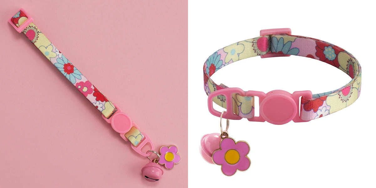 1.0cm Printed Pet Collar Adjustable Safety Buckle Cat Collar with Bell and Metal Flower Pendant for Cats and Puppy Pet Supplies