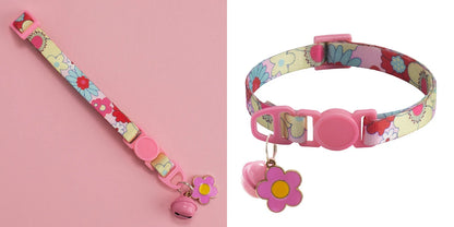 1.0cm Printed Pet Collar Adjustable Safety Buckle Cat Collar with Bell and Metal Flower Pendant for Cats and Puppy Pet Supplies