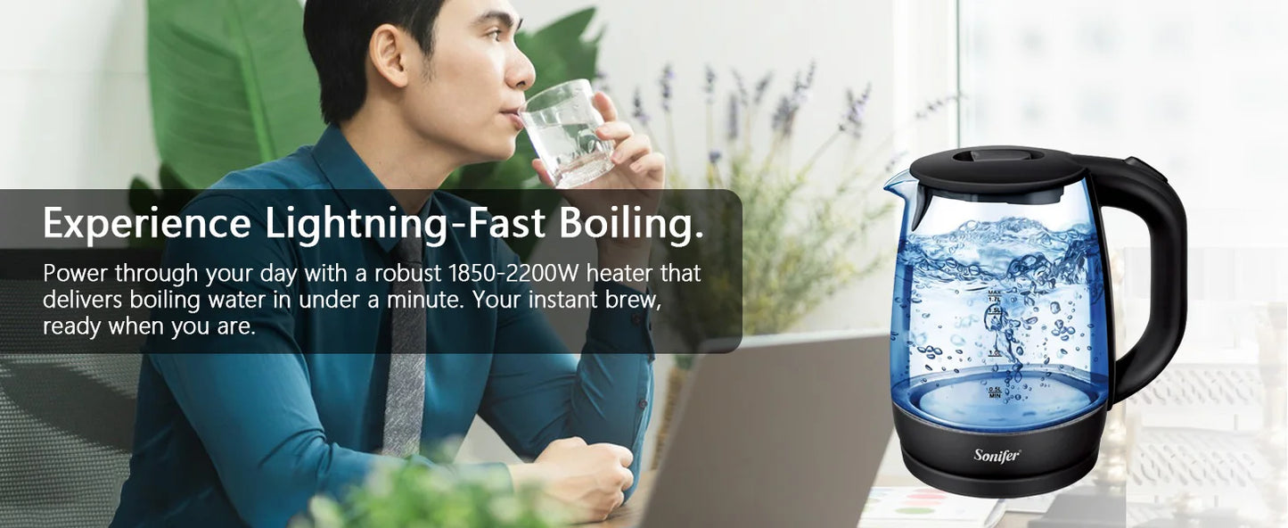 Sonifer 1.7L Glass Electric Kettle SF-2079, 2200W Fast Boil, Cordless, Blue LED Light, Auto Shut-Off, Dry Boil Protection