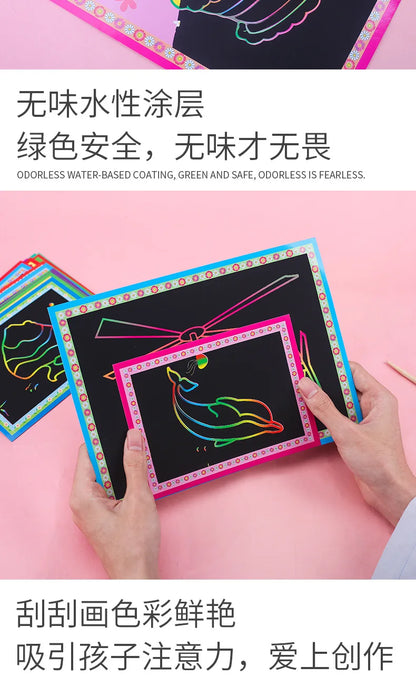 10Pcs Scratch Art Paper Magic Painting Paper with Drawing Stick Drawing Toys Kids Learning Educational Toys for Children Gifts