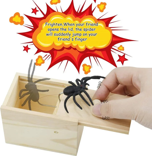 Spider Prank Box Pop Out Rubber Spider Handmade Wood Scare Box Party Game Surprise Joke Funny Trick Toy for Kids Halloween Gift