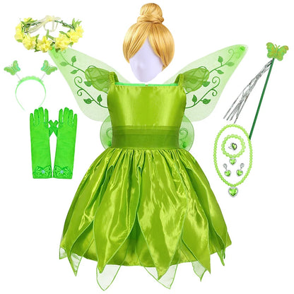 Girls Party Dresses Fairy Green Costume for Girl Tinkerbell Children Clothing Princess Elf Birthday Ball Gown Wing Dresses