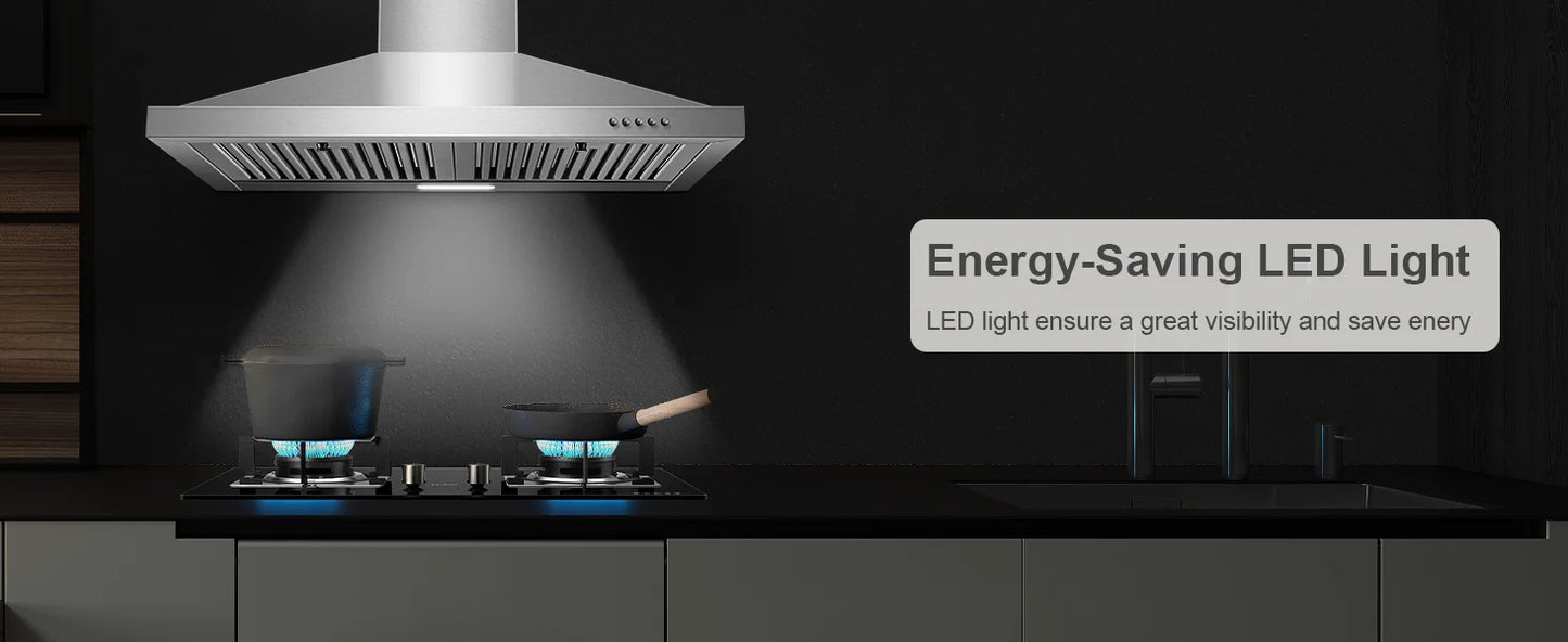 30-inch Wall Mount 450CFM - Stainless Steel Kitchen Vent Hood, Ultra Quiet 55dB, Ducted/Ductless Convertible, 3-Speed Range Hood